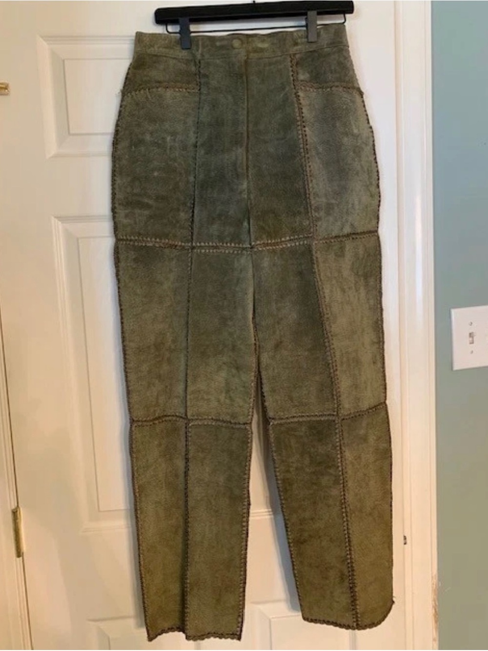 Straight-Leg Olive Green Patchwork Suede Pants Vintage Size 14